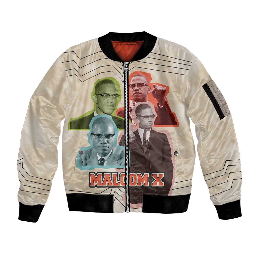 Malcolm X Sleeve Zip Bomber Jacket Pop Art Portrait Collage Civil Rights Activist Retro Style Design - Wonder Print Shop