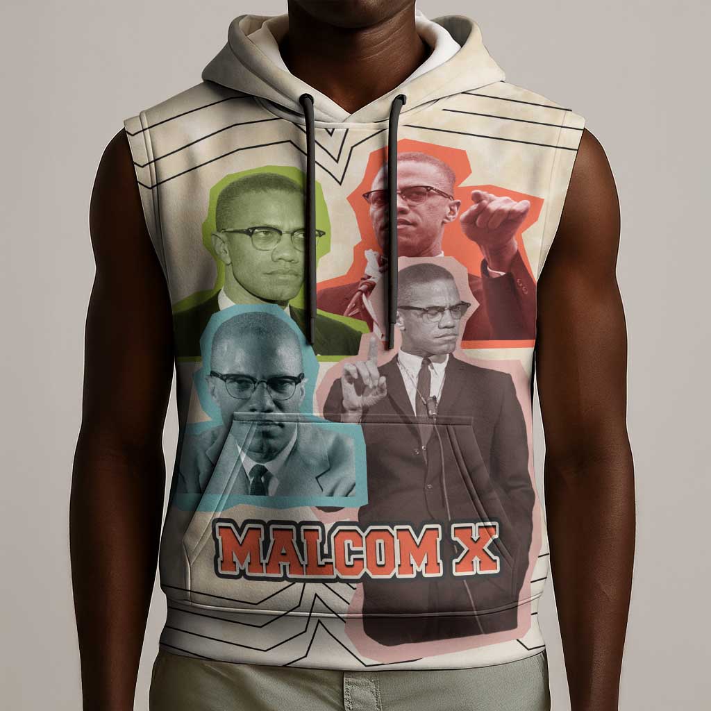 Malcolm X Sleeveless Hoodie Pop Art Portrait Collage Civil Rights Activist Retro Style Design - Wonder Print Shop
