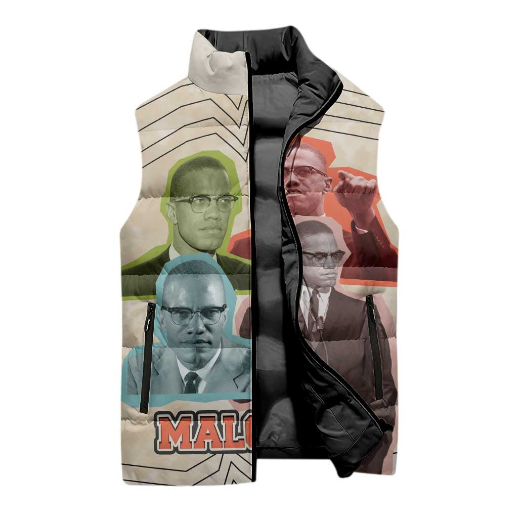 Malcolm X Sleeveless Puffer Jacket Pop Art Portrait Collage Civil Rights Activist Retro Style Design - Wonder Print Shop