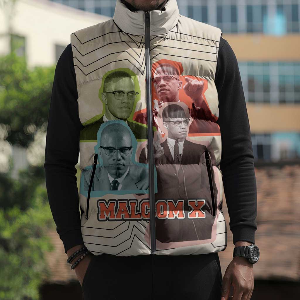 Malcolm X Sleeveless Puffer Jacket Pop Art Portrait Collage Civil Rights Activist Retro Style Design - Wonder Print Shop