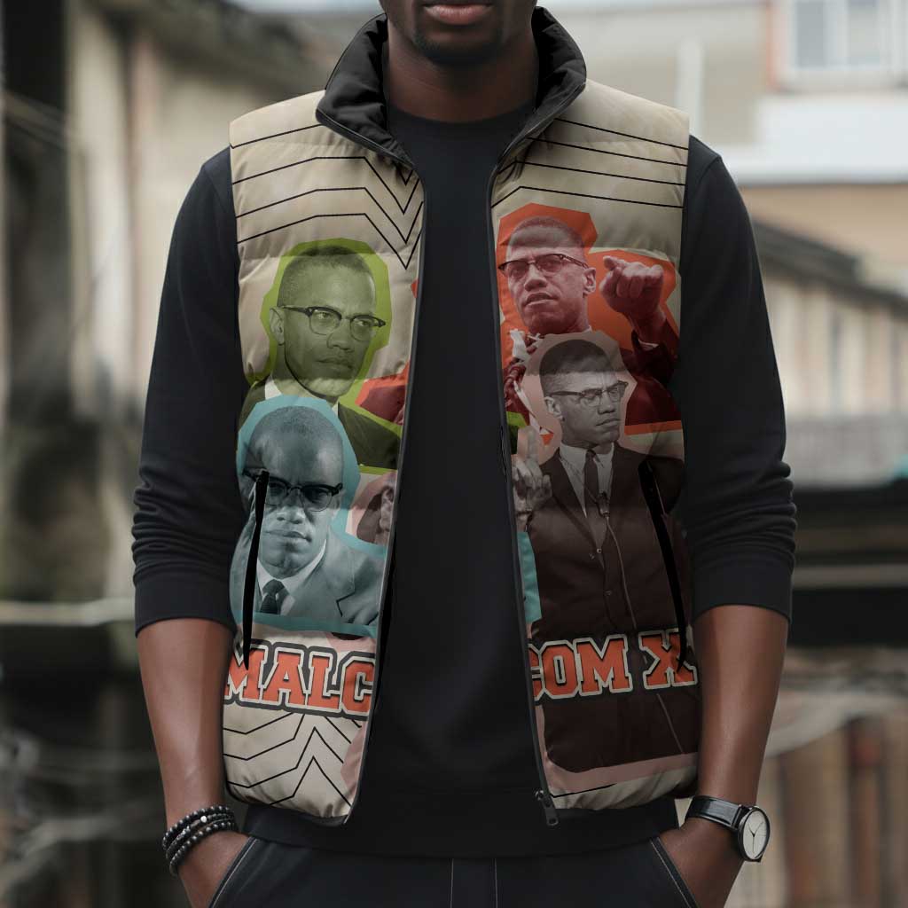 Malcolm X Sleeveless Puffer Jacket Pop Art Portrait Collage Civil Rights Activist Retro Style Design - Wonder Print Shop