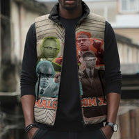 Malcolm X Sleeveless Puffer Jacket Pop Art Portrait Collage Civil Rights Activist Retro Style Design - Wonder Print Shop