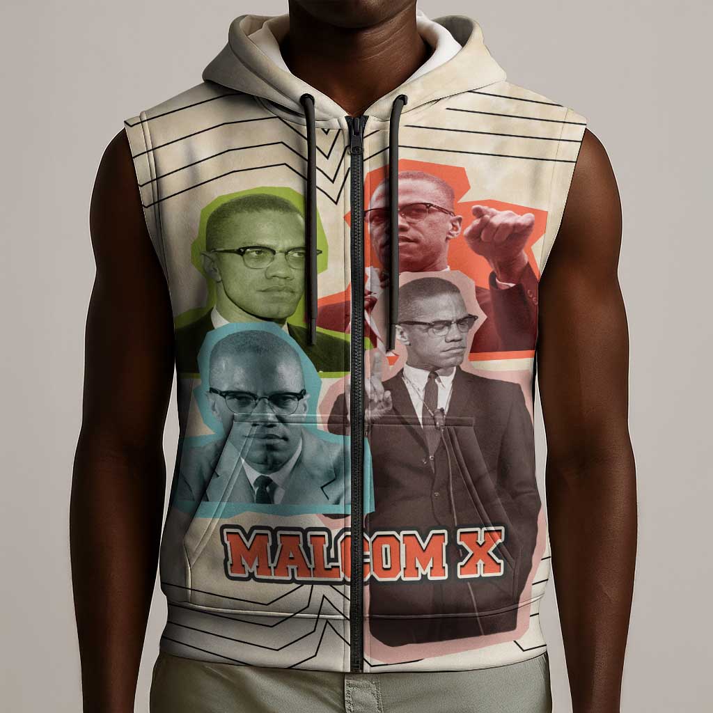 Malcolm X Sleeveless Zip Hoodie Pop Art Portrait Collage Civil Rights Activist Retro Style Design - undefined