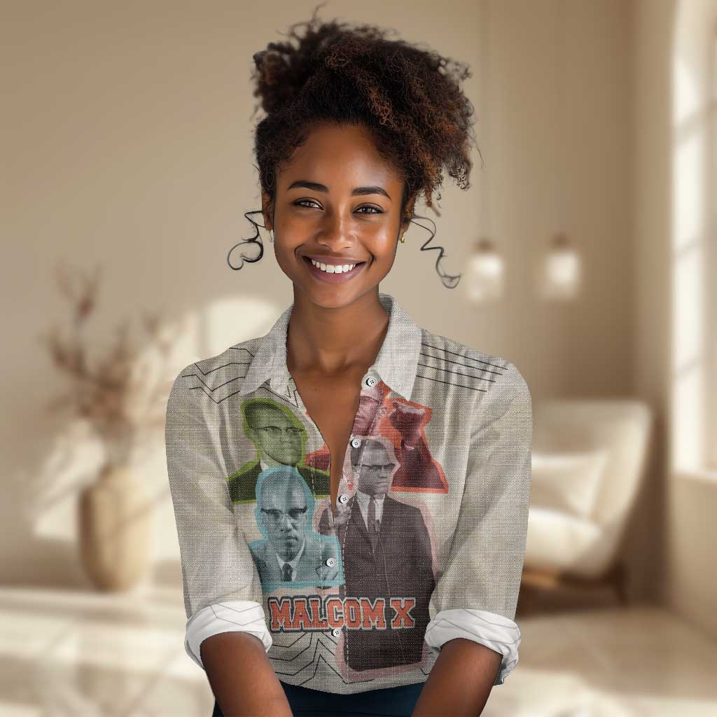 Malcolm X Women Casual Shirt Pop Art Portrait Collage Civil Rights Activist Retro Style Design - Wonder Print Shop