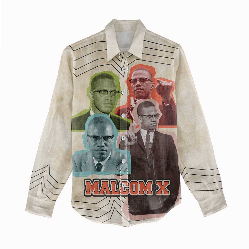 Malcolm X Women Casual Shirt Pop Art Portrait Collage Civil Rights Activist Retro Style Design - Wonder Print Shop