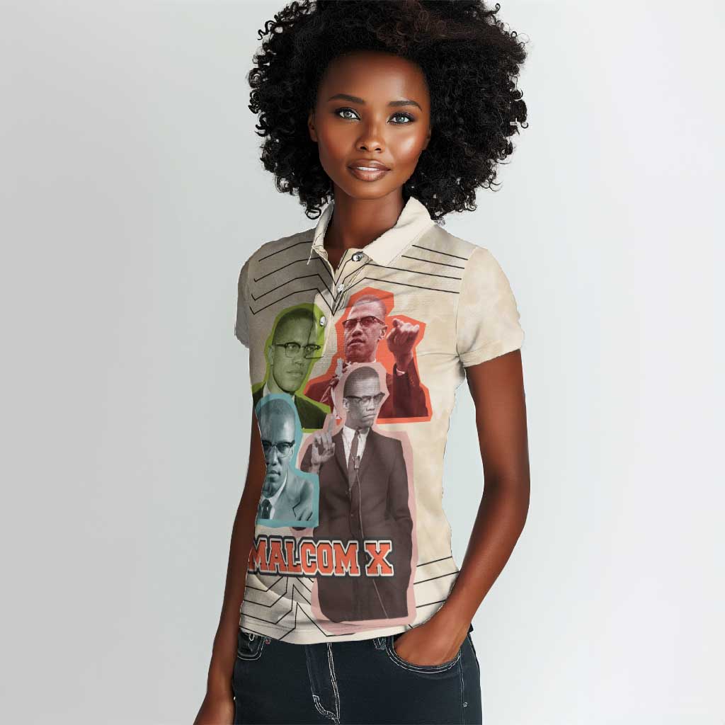 Malcolm X Women Polo Shirt Pop Art Portrait Collage Civil Rights Activist Retro Style Design TS04