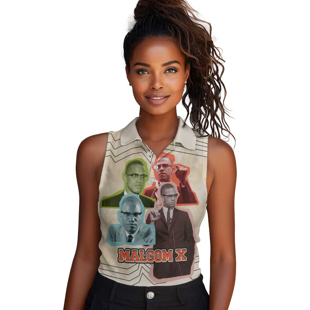 Malcolm X Women Sleeveless Polo Shirt Pop Art Portrait Collage Civil Rights Activist Retro Style Design - Wonder Print Shop