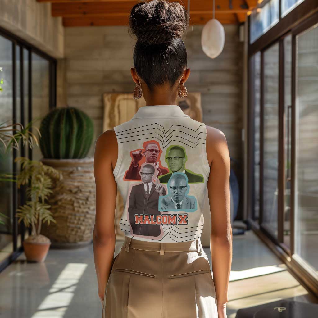 Malcolm X Women Sleeveless Polo Shirt Pop Art Portrait Collage Civil Rights Activist Retro Style Design - Wonder Print Shop