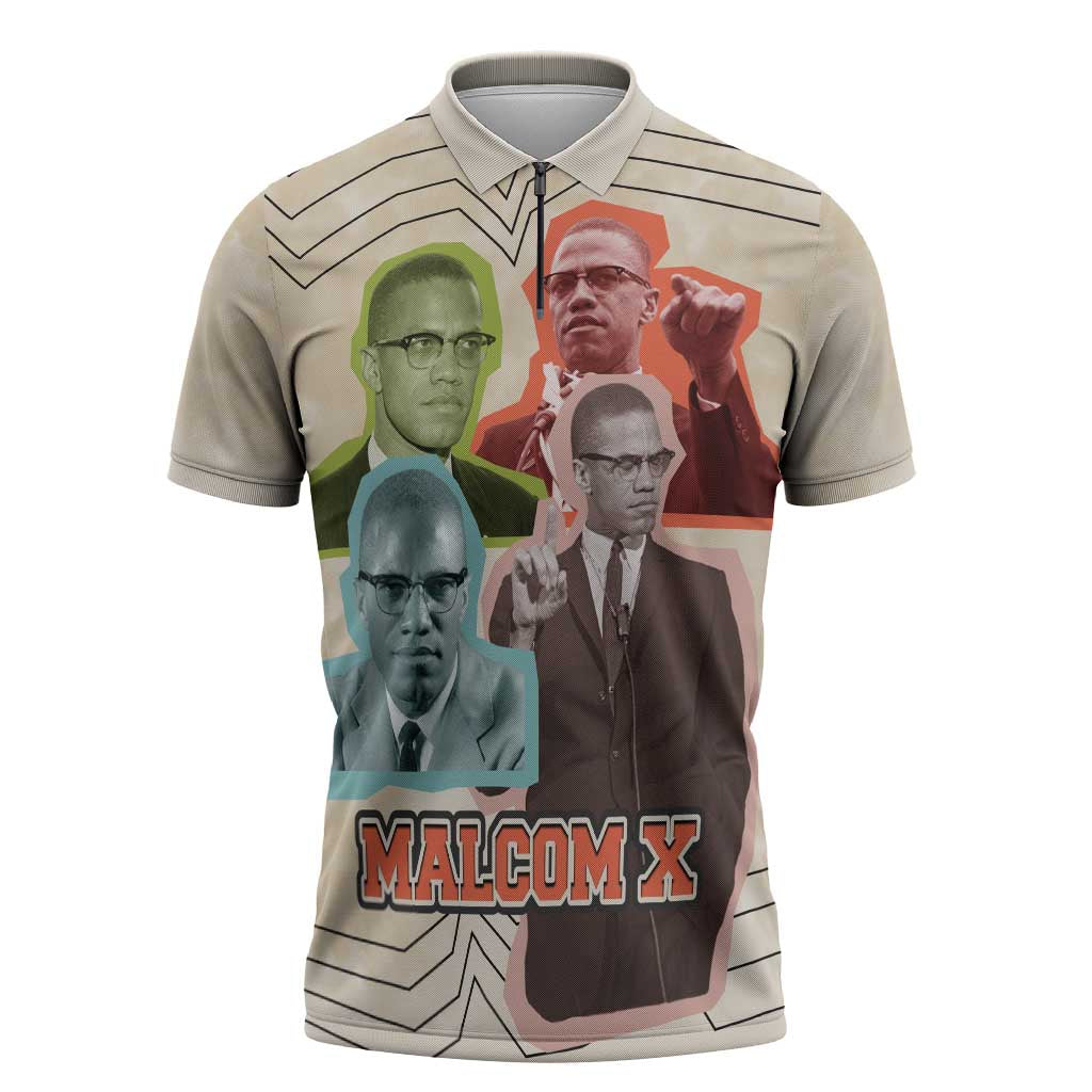 Malcolm X Zipper Polo Shirt Pop Art Portrait Collage Civil Rights Activist Retro Style Design - Wonder Print Shop