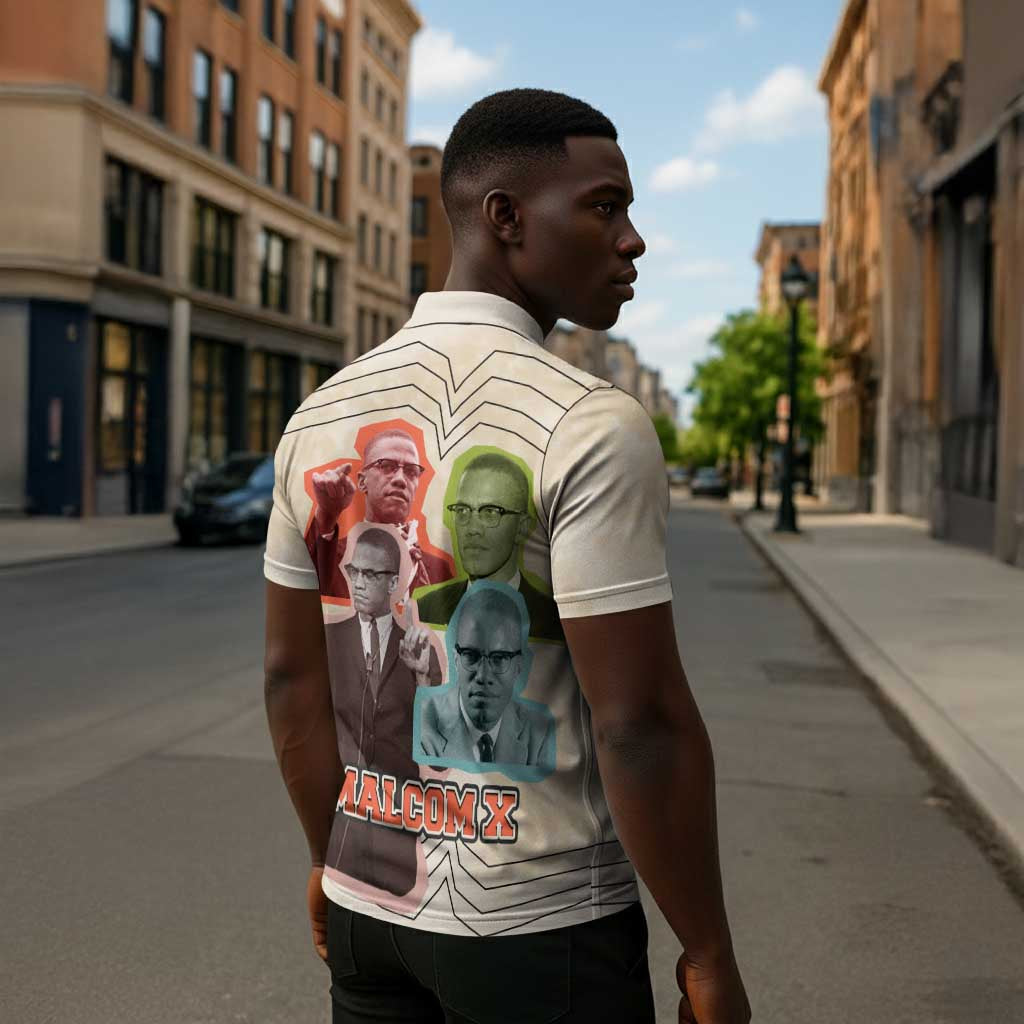 Malcolm X Zipper Polo Shirt Pop Art Portrait Collage Civil Rights Activist Retro Style Design - Wonder Print Shop