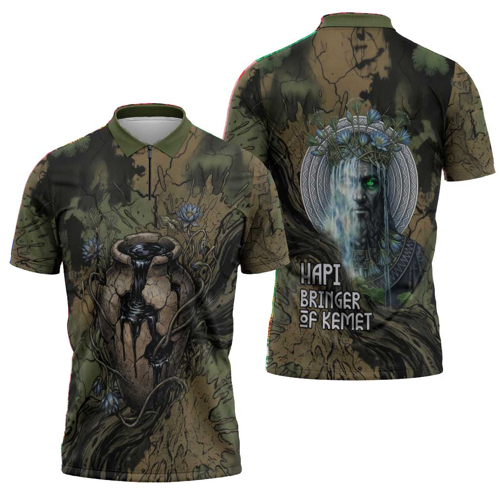 Hapi Egyptian Zipper Polo Shirt Bringer of Kemet Nature Spirit Flowing Water and Earth Harmony