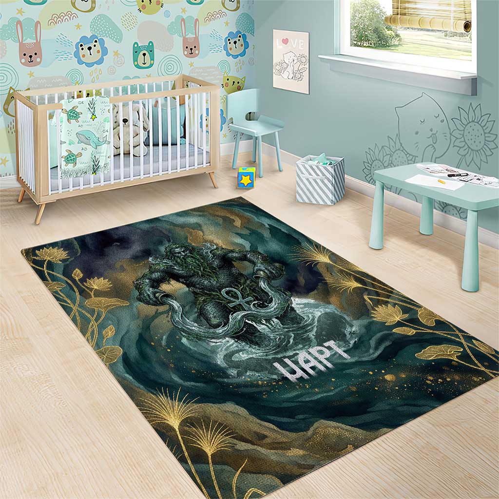 Egyptian Hapi Area Rug God of the Nile Ankh Symbol Lotus Flowers and Sacred River Energy