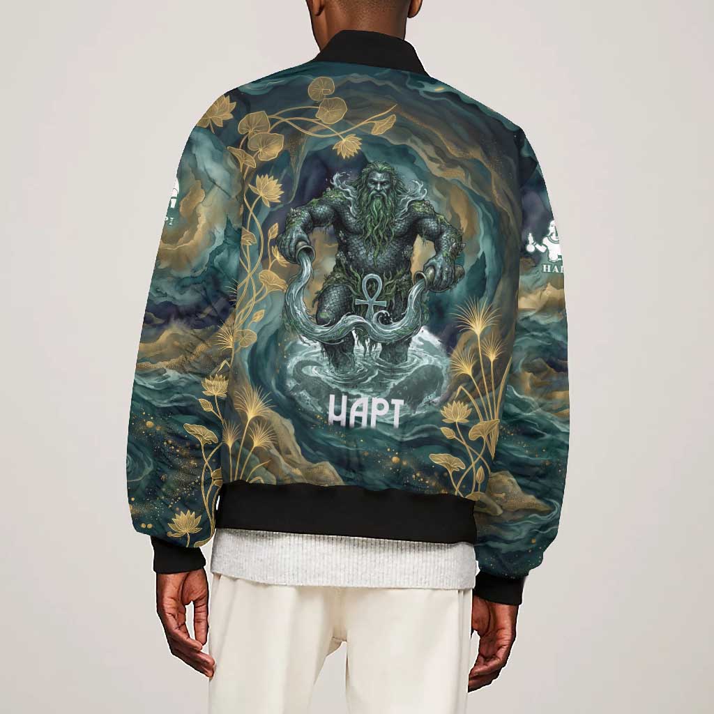 Egyptian Hapi Bomber Jacket God of the Nile Ankh Symbol Lotus Flowers and Sacred River Energy