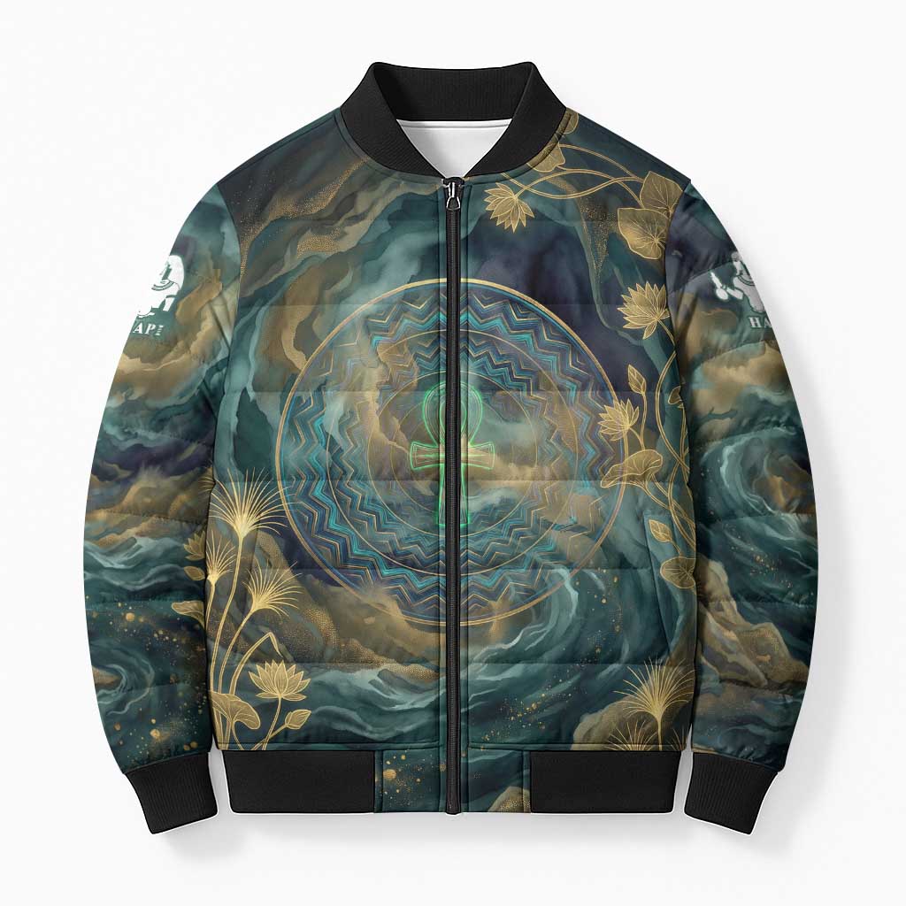 Egyptian Hapi Bomber Puffer Jacket God of the Nile Ankh Symbol Lotus Flowers and Sacred River Energy