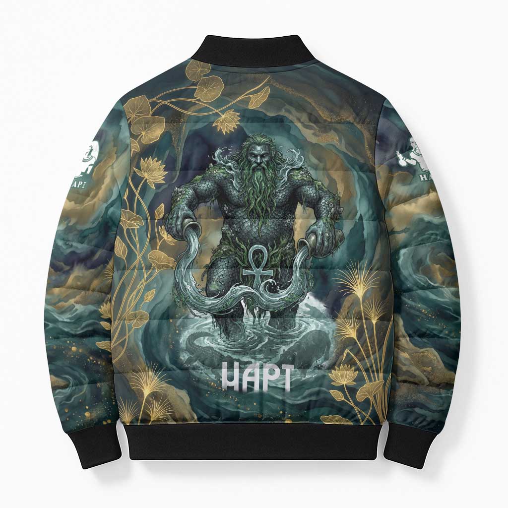 Egyptian Hapi Bomber Puffer Jacket God of the Nile Ankh Symbol Lotus Flowers and Sacred River Energy