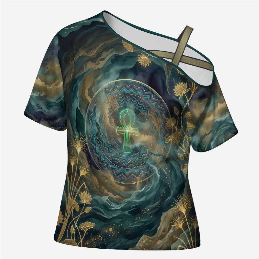 Egyptian Hapi Cross Shoulder Shirt God of the Nile Ankh Symbol Lotus Flowers and Sacred River Energy