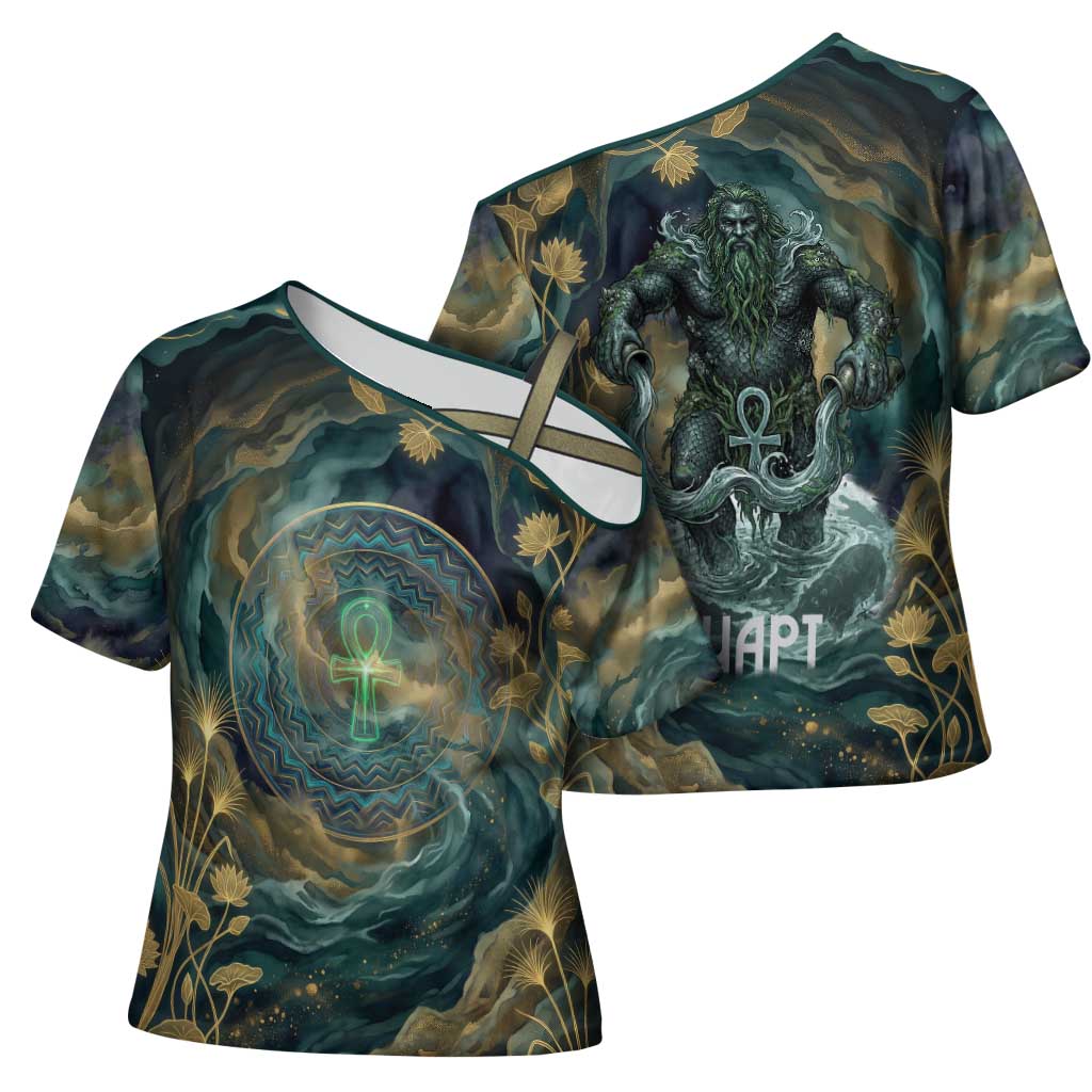 Egyptian Hapi Cross Shoulder Shirt God of the Nile Ankh Symbol Lotus Flowers and Sacred River Energy