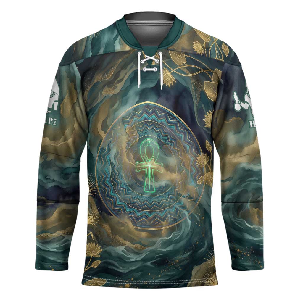 Egyptian Hapi Hockey Jersey God of the Nile Ankh Symbol Lotus Flowers and Sacred River Energy