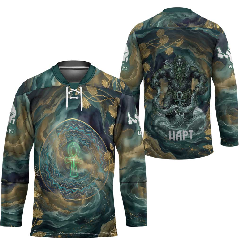 Egyptian Hapi Hockey Jersey God of the Nile Ankh Symbol Lotus Flowers and Sacred River Energy