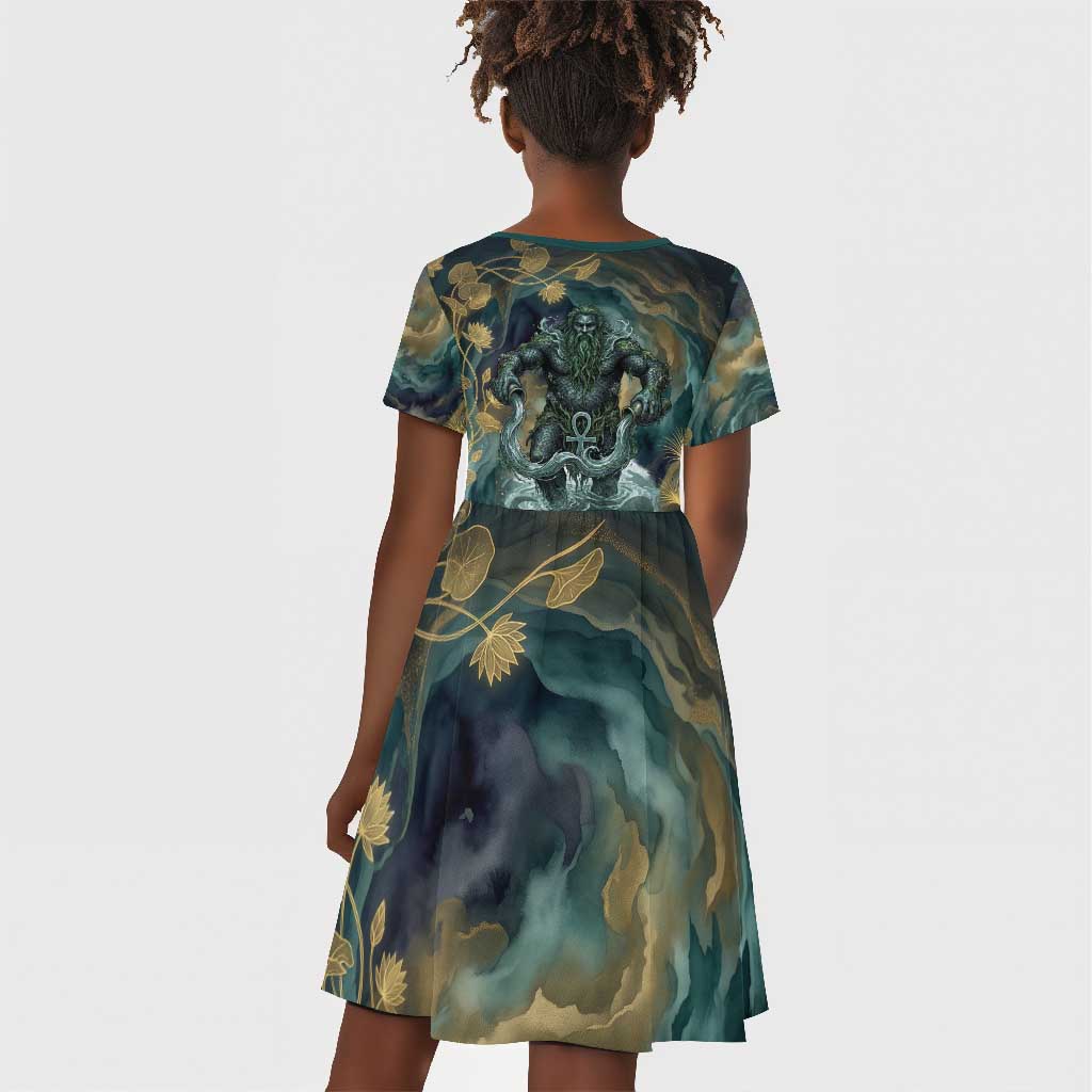Egyptian Hapi Kid Short Sleeve Dress God of the Nile Ankh Symbol Lotus Flowers and Sacred River Energy