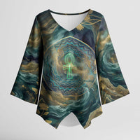 Egyptian Hapi Kimono Sleeve Blouse God of the Nile Ankh Symbol Lotus Flowers and Sacred River Energy