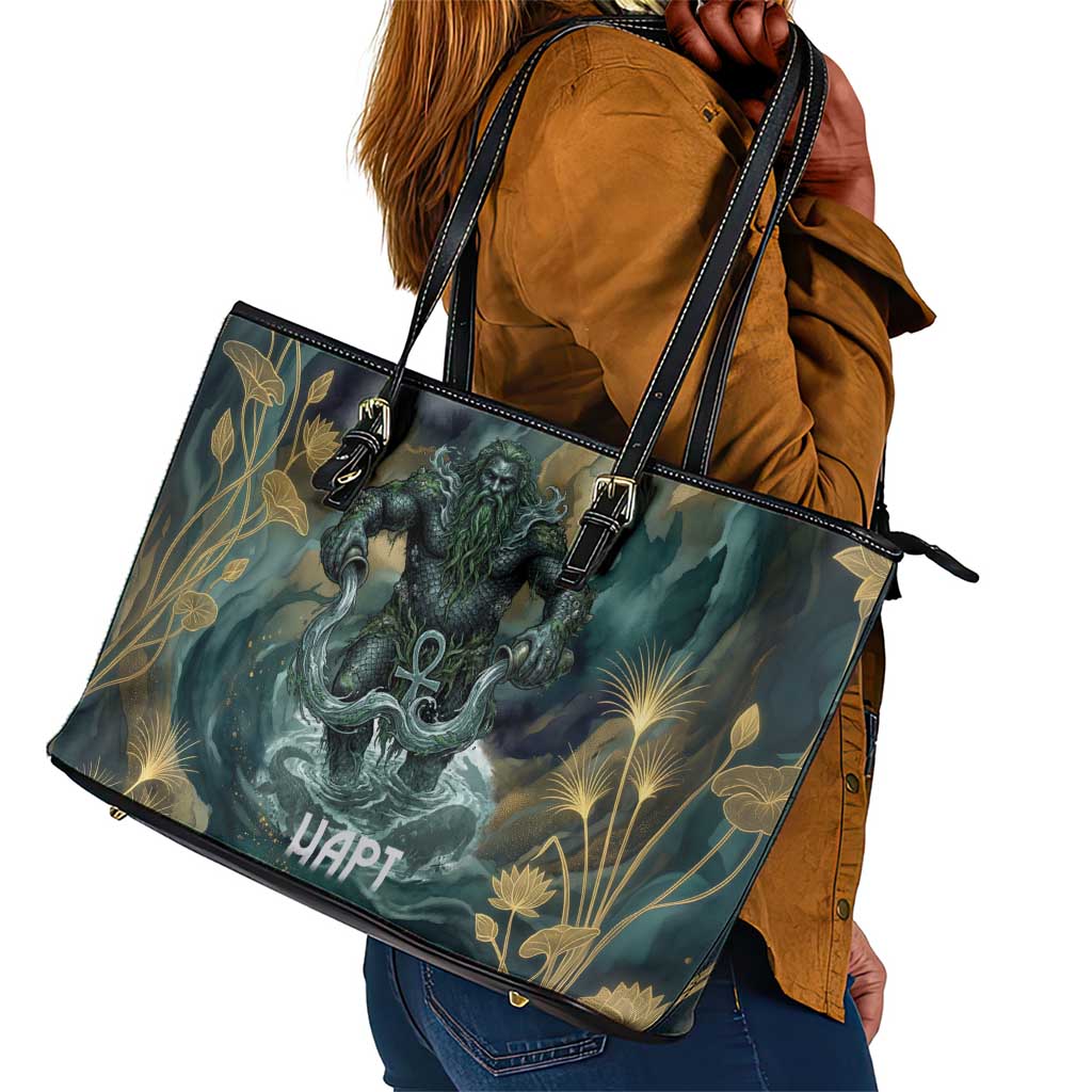 Egyptian Hapi Leather Tote Bag God of the Nile Ankh Symbol Lotus Flowers and Sacred River Energy