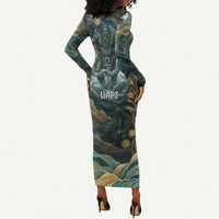 Egyptian Hapi Long Sleeve Bodycon Dress God of the Nile Ankh Symbol Lotus Flowers and Sacred River Energy