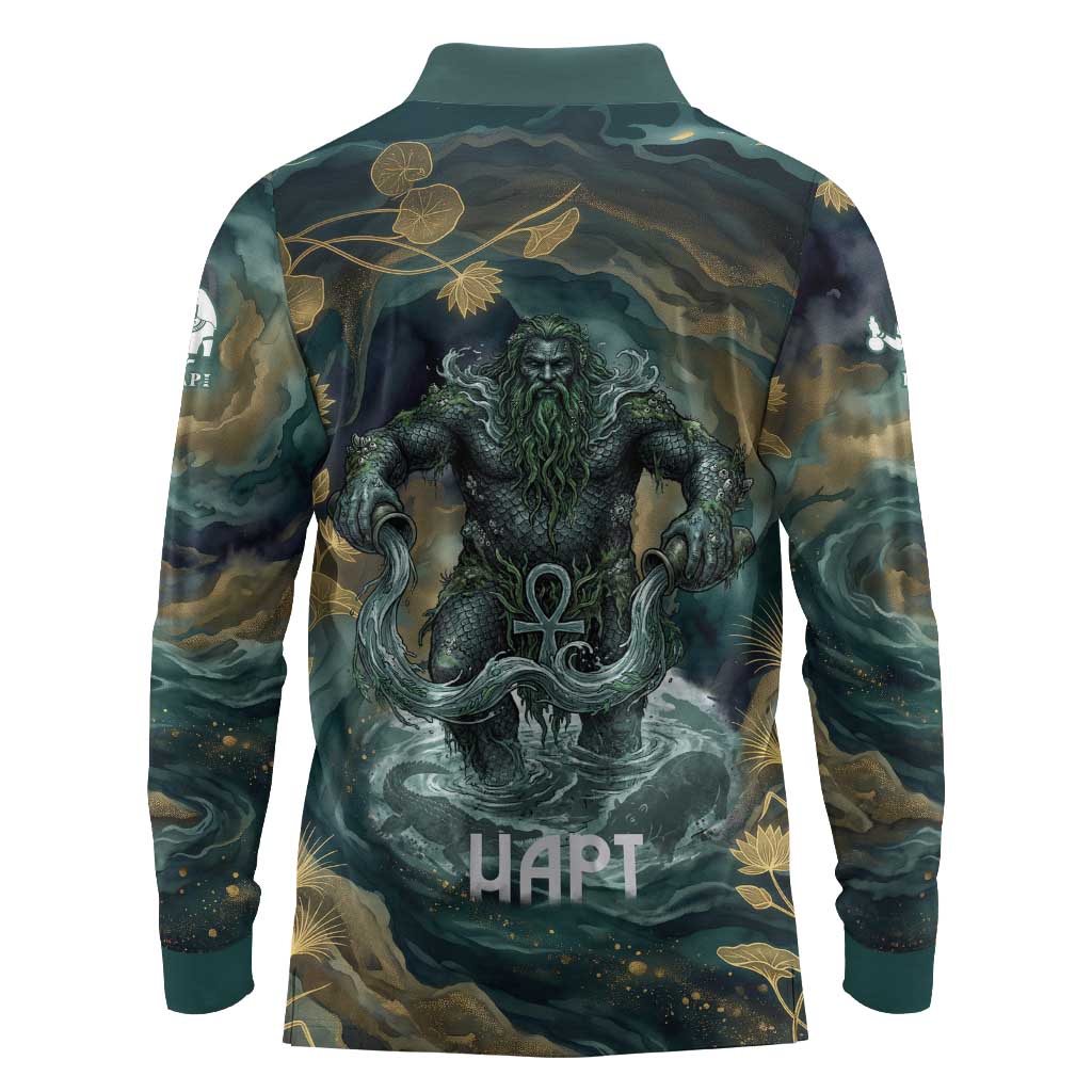 Egyptian Hapi Long Sleeve Polo Shirt God of the Nile Ankh Symbol Lotus Flowers and Sacred River Energy