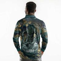Egyptian Hapi Long Sleeve Polo Shirt God of the Nile Ankh Symbol Lotus Flowers and Sacred River Energy
