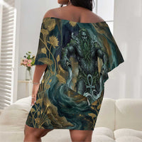 Egyptian Hapi Off Shoulder Short Dress God of the Nile Ankh Symbol Lotus Flowers and Sacred River Energy