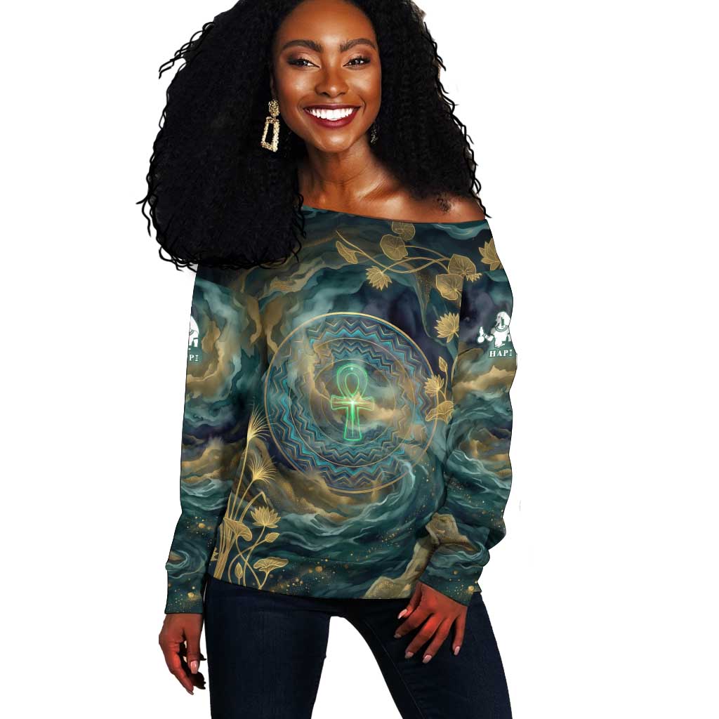 Egyptian Hapi Off Shoulder Sweater God of the Nile Ankh Symbol Lotus Flowers and Sacred River Energy