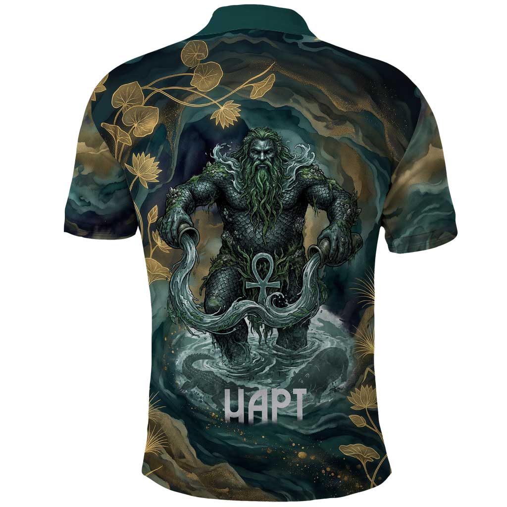 Egyptian Hapi Polo Shirt God of the Nile Ankh Symbol Lotus Flowers and Sacred River Energy