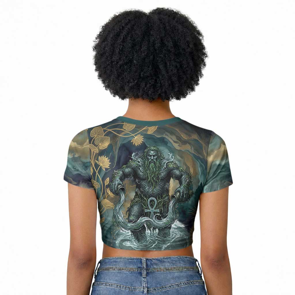 Egyptian Hapi Raglan Cropped T shirt God of the Nile Ankh Symbol Lotus Flowers and Sacred River Energy
