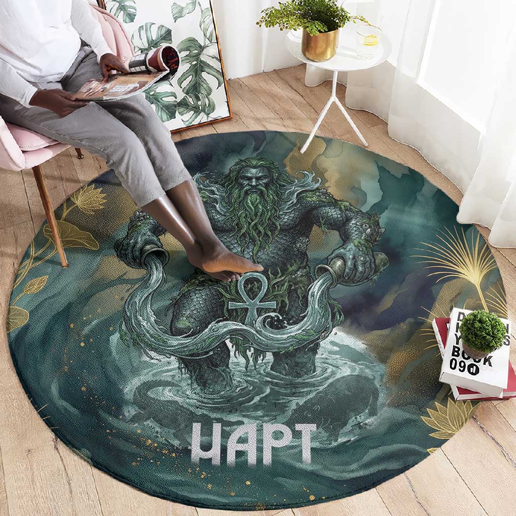 Egyptian Hapi Round Carpet God of the Nile Ankh Symbol Lotus Flowers and Sacred River Energy