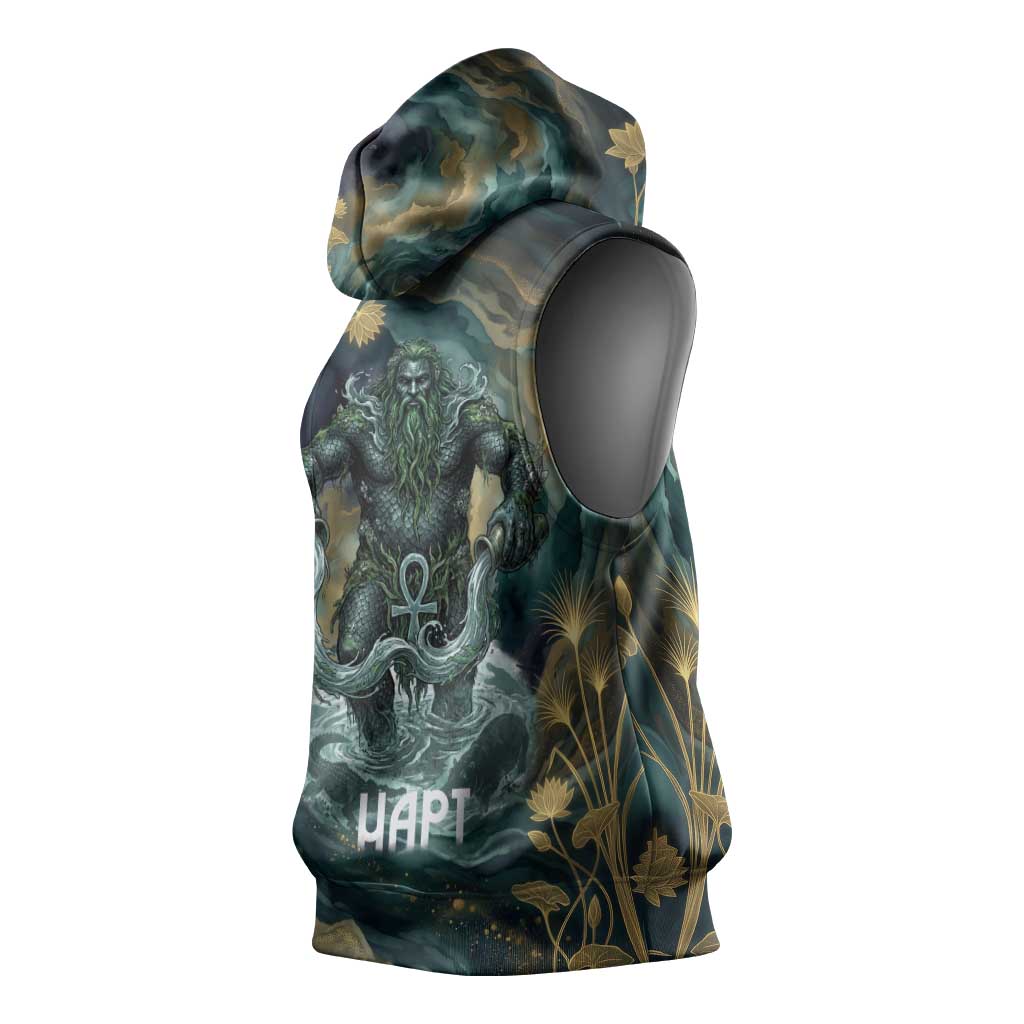 Egyptian Hapi Sleeveless Hoodie God of the Nile Ankh Symbol Lotus Flowers and Sacred River Energy