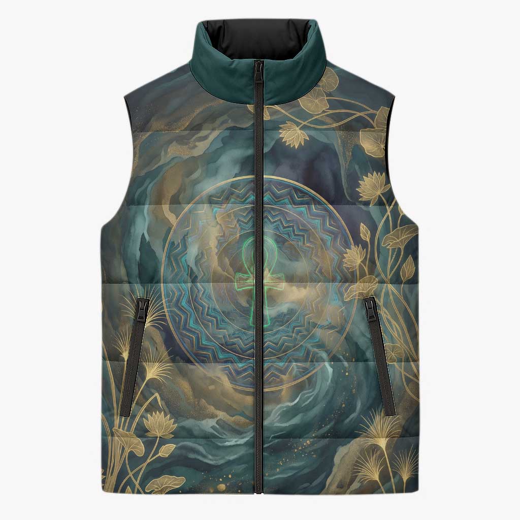 Egyptian Hapi Sleeveless Puffer Jacket God of the Nile Ankh Symbol Lotus Flowers and Sacred River Energy