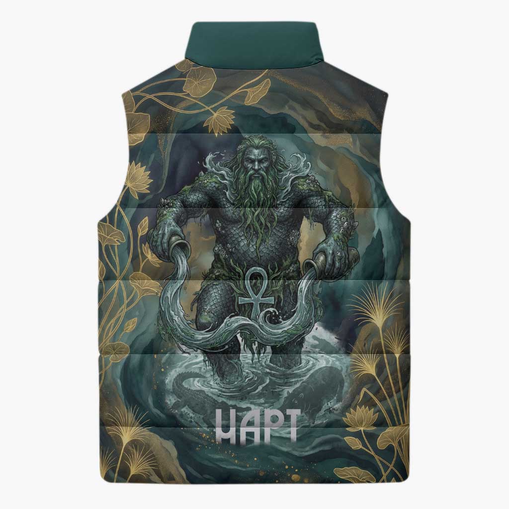 Egyptian Hapi Sleeveless Puffer Jacket God of the Nile Ankh Symbol Lotus Flowers and Sacred River Energy