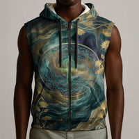 Egyptian Hapi Sleeveless Zip Hoodie God of the Nile Ankh Symbol Lotus Flowers and Sacred River Energy