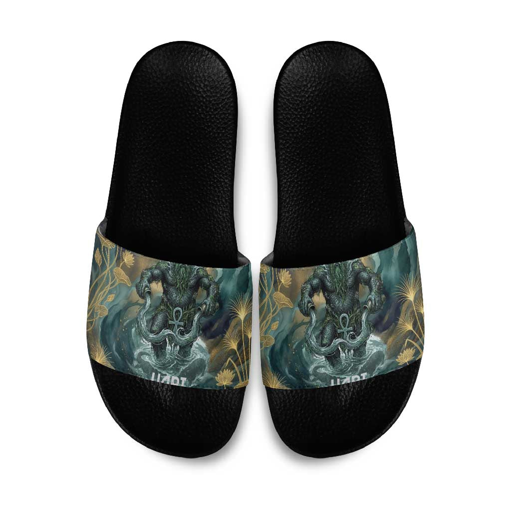 Egyptian Hapi Slide Sandals God of the Nile Ankh Symbol Lotus Flowers and Sacred River Energy