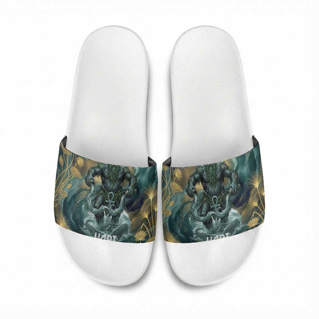 Egyptian Hapi Slide Sandals God of the Nile Ankh Symbol Lotus Flowers and Sacred River Energy