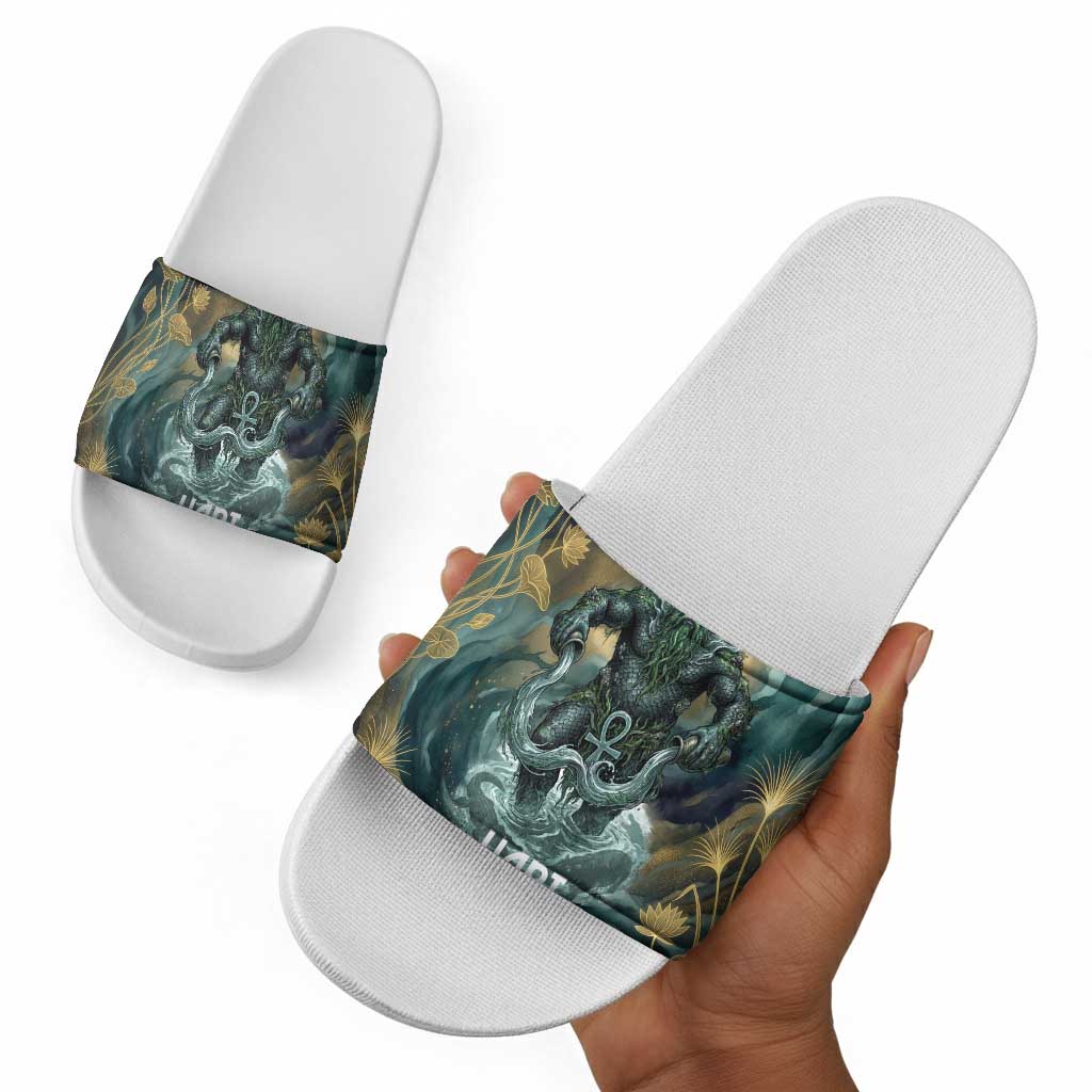 Egyptian Hapi Slide Sandals God of the Nile Ankh Symbol Lotus Flowers and Sacred River Energy