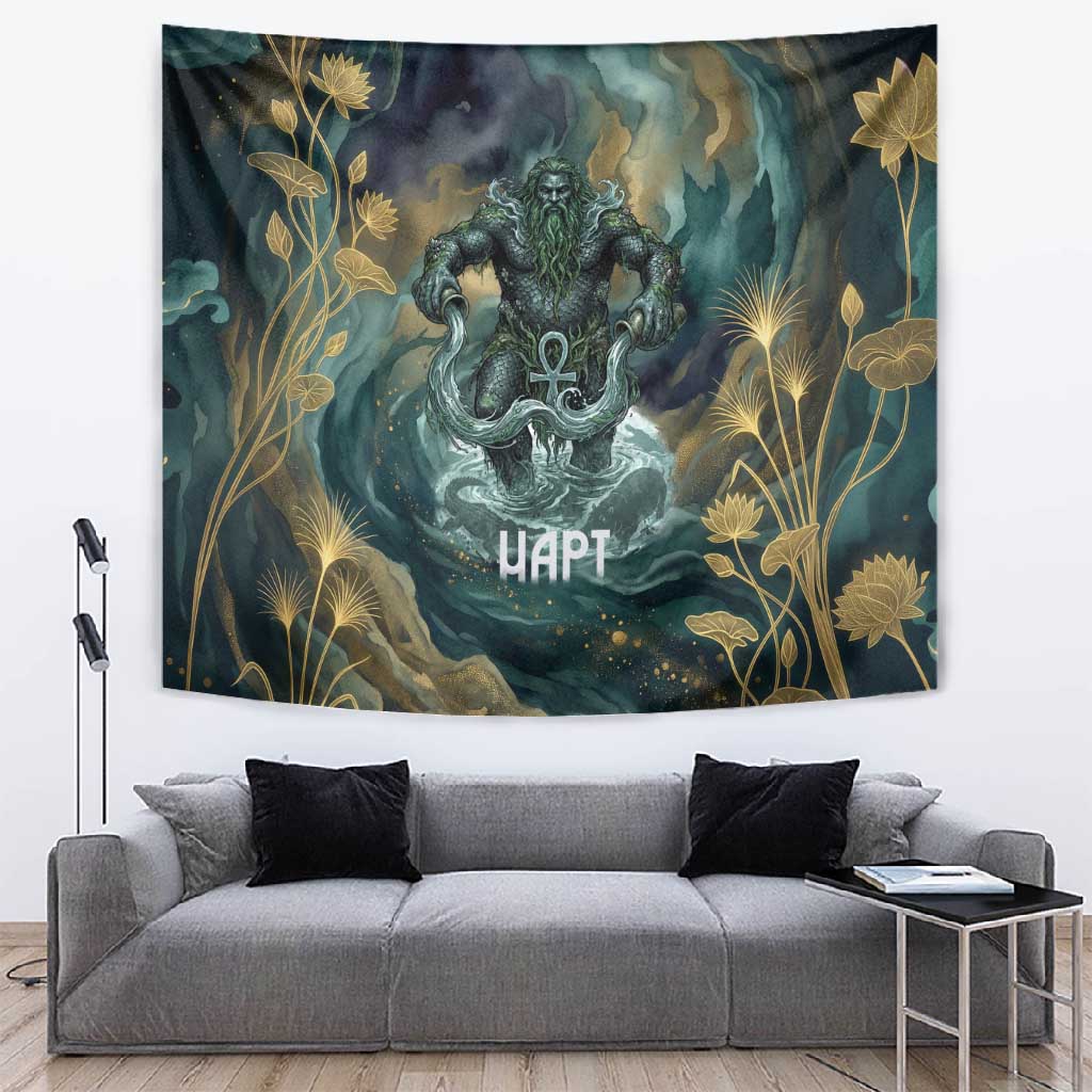 Egyptian Hapi Tapestry God of the Nile Ankh Symbol Lotus Flowers and Sacred River Energy