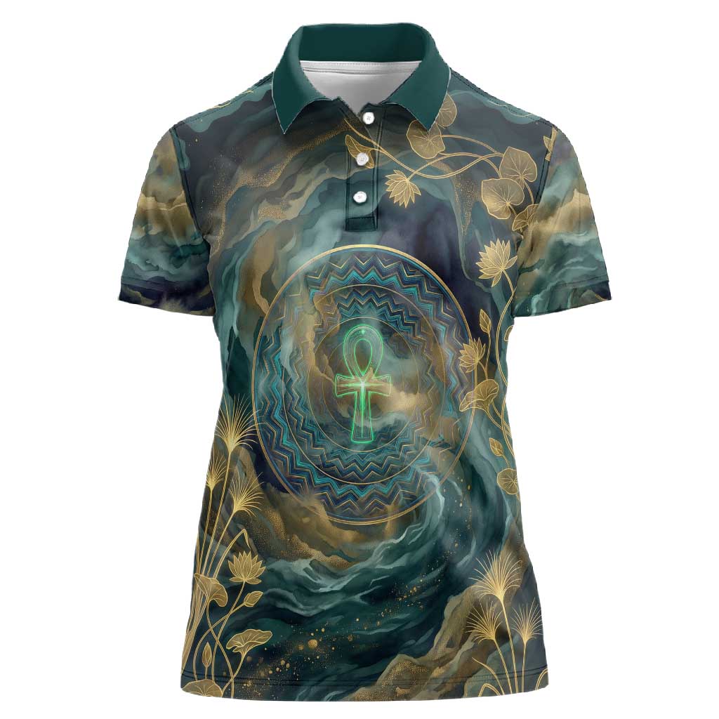 Egyptian Hapi Women Polo Shirt God of the Nile Ankh Symbol Lotus Flowers and Sacred River Energy