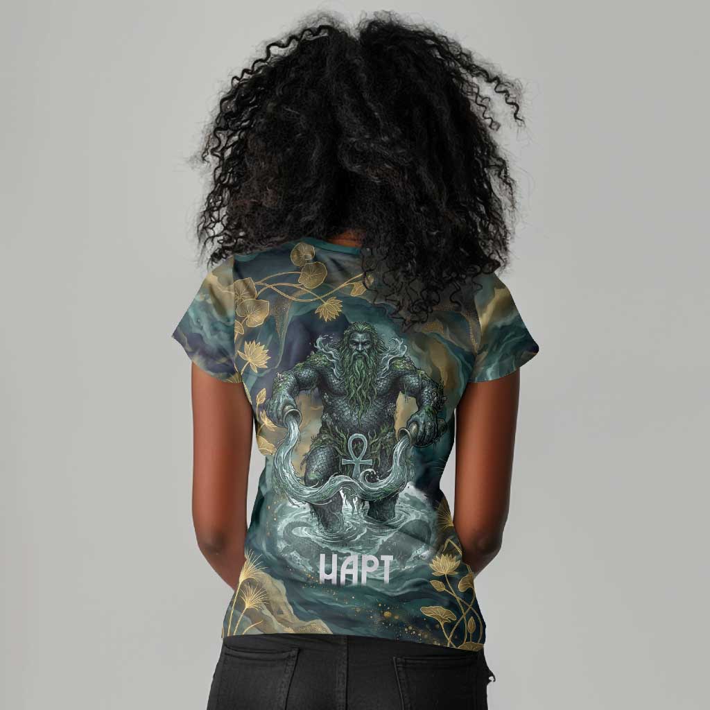 Egyptian Hapi Women V-Neck T-Shirt God of the Nile Ankh Symbol Lotus Flowers and Sacred River Energy