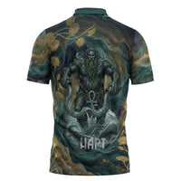 Egyptian Hapi Zipper Polo Shirt God of the Nile Ankh Symbol Lotus Flowers and Sacred River Energy