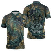 Egyptian Hapi Zipper Polo Shirt God of the Nile Ankh Symbol Lotus Flowers and Sacred River Energy