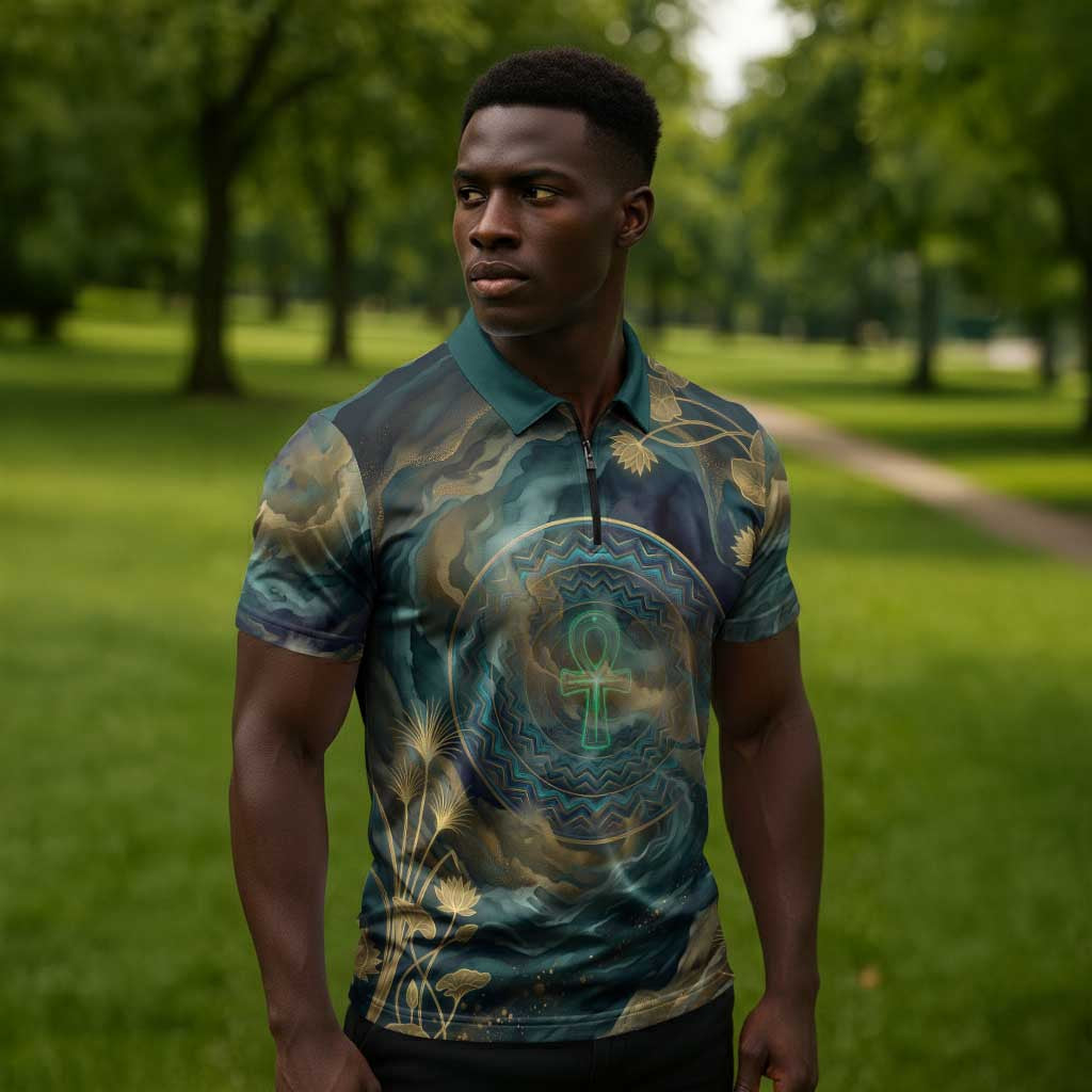 Egyptian Hapi Zipper Polo Shirt God of the Nile Ankh Symbol Lotus Flowers and Sacred River Energy