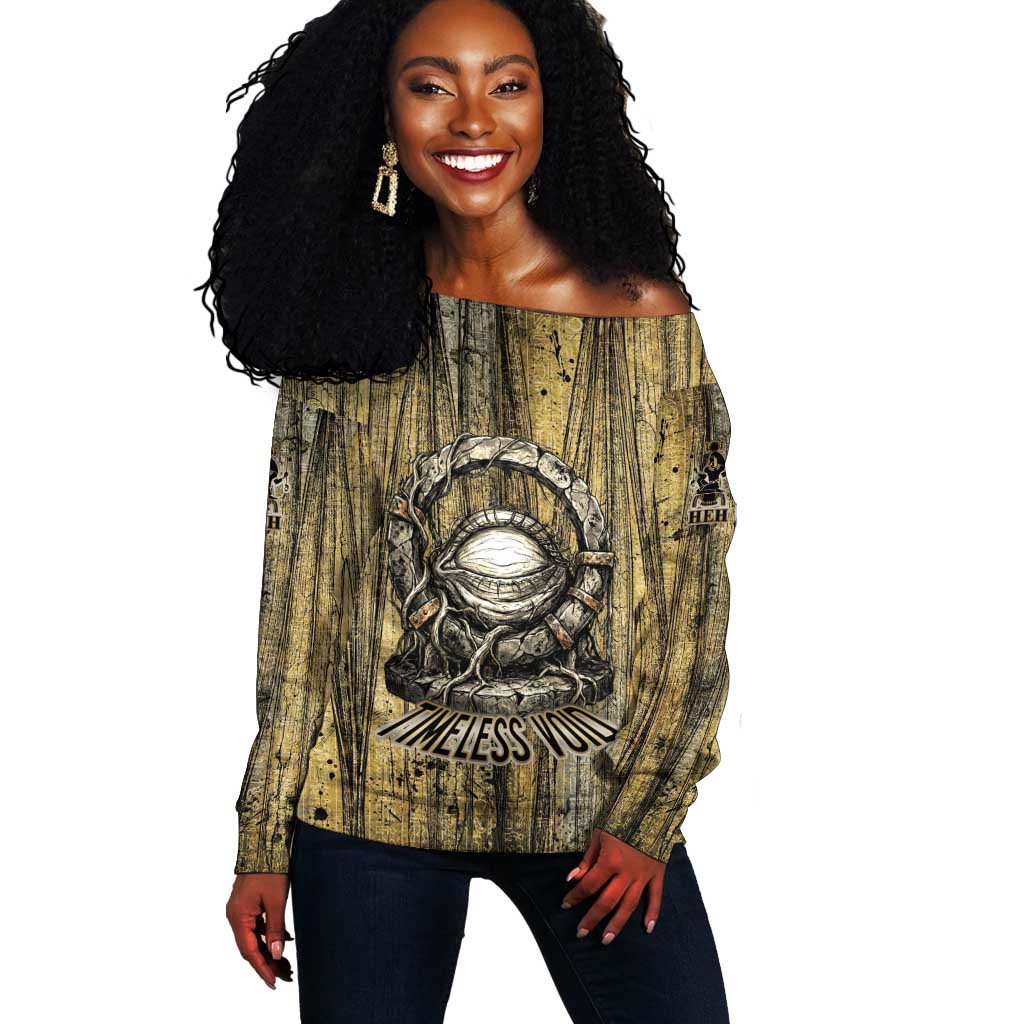 Heh and Hauhet Egyptian Off Shoulder Sweater Timeless Gods Design Infinity Serpent and Divine Balance Ancient