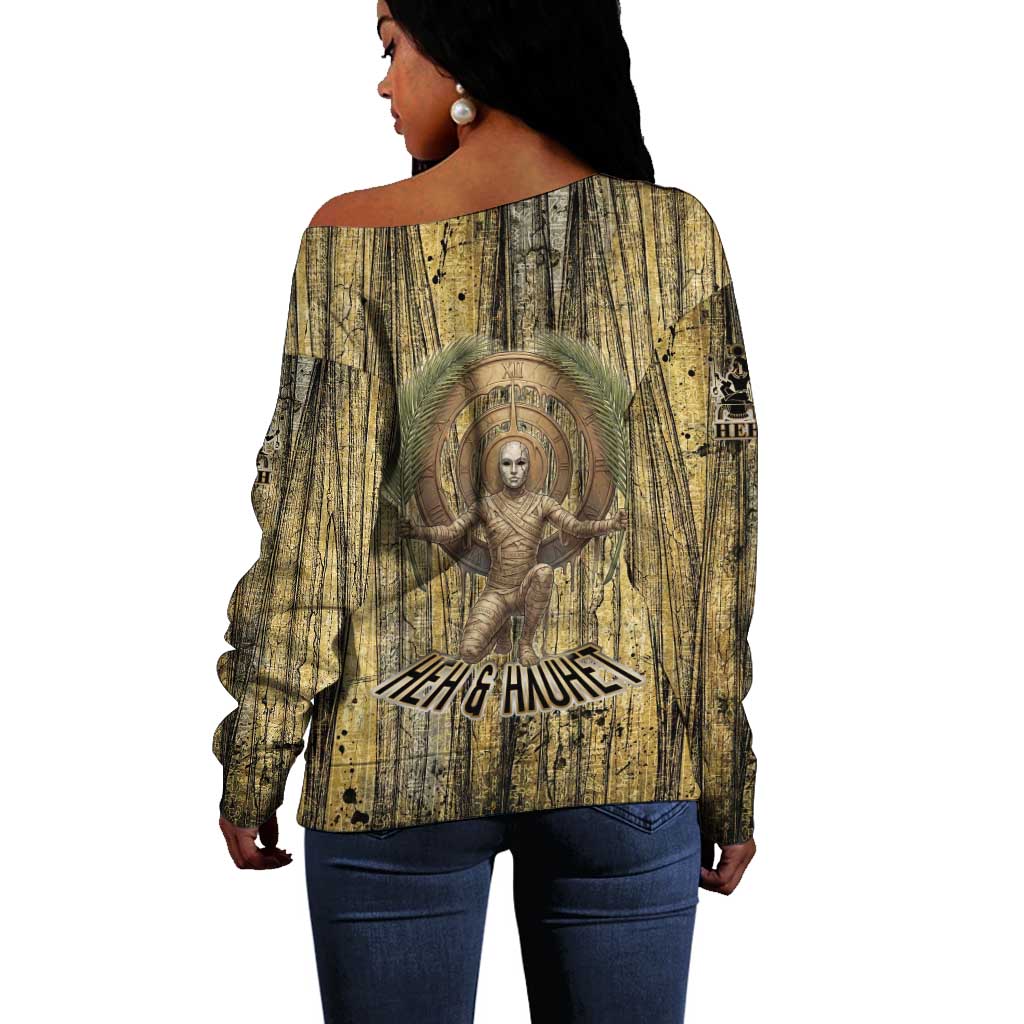 Heh and Hauhet Egyptian Off Shoulder Sweater Timeless Gods Design Infinity Serpent and Divine Balance Ancient
