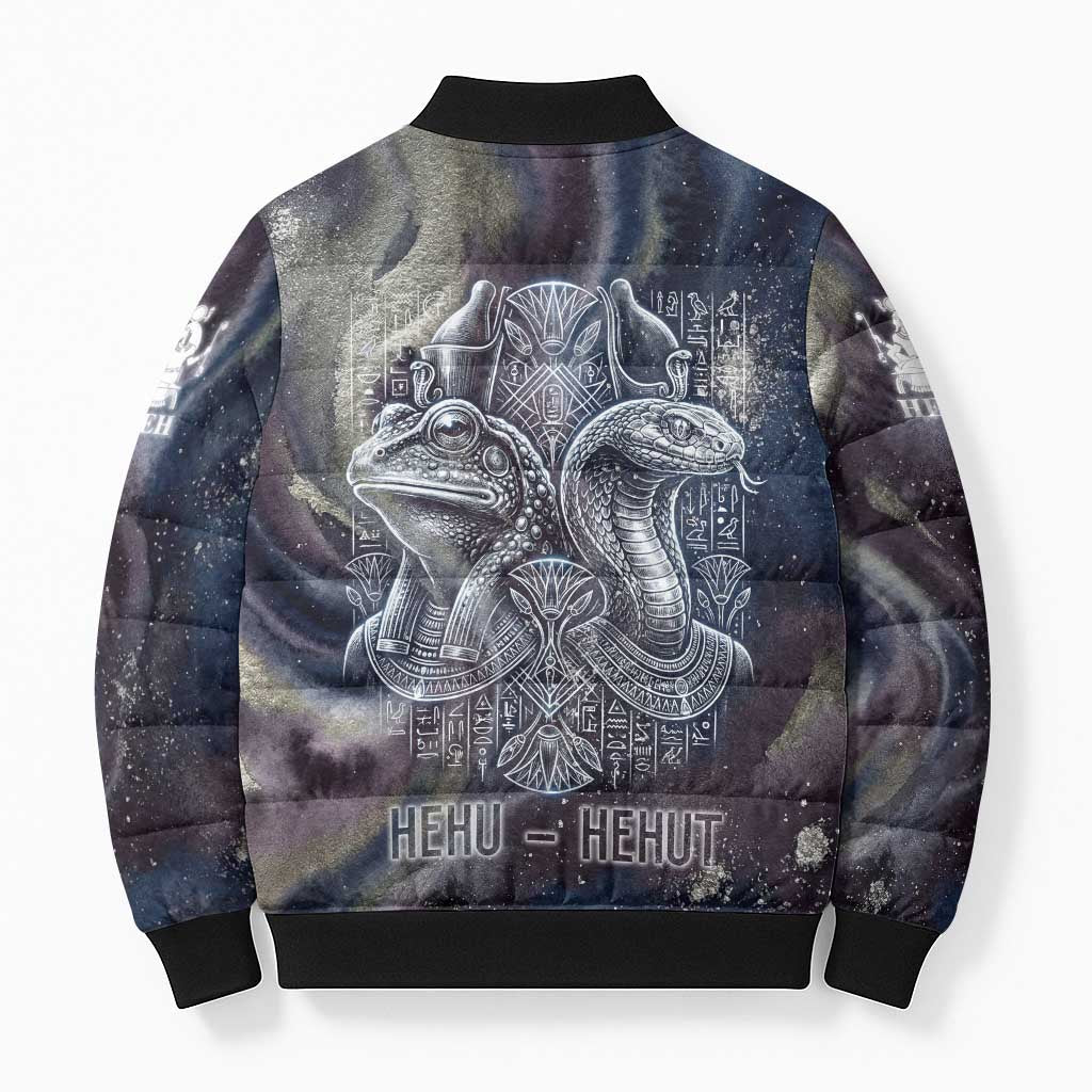 Egyptian Heh and Hauhet Bomber Puffer Jacket Serpent Duo Design Cosmic Infinity and Eternal Balance Motif